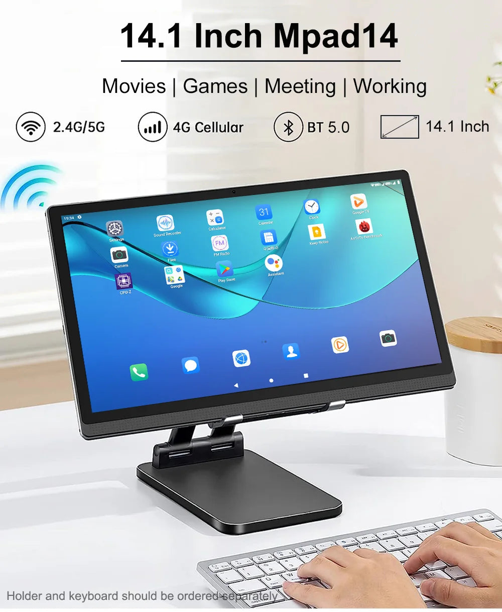 Tablette 14,1 pouces, version mondiale, non ouverte, Android 2025, 12 Go + 256 Go, 1920 x 1080, appels 4G, Wi-Fi 5G, 10 000 mAh