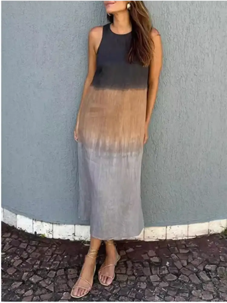 Fashion Vest Long Dress Women Summer Sleeveless o Neck Dress Summer Gradient Casual Dresses - Lootquake