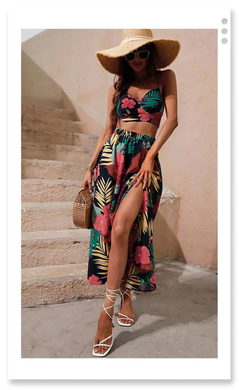 Y2K Bikini Crop Tops Long Dress Sexy Set for Women Summer Fashion Two Pieces Skirt Beach Style Floral Print Midi Sexy Boho Sets - Lootquake