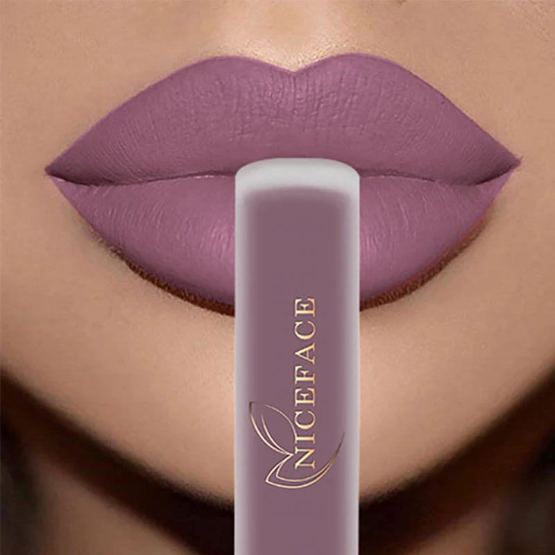 NICEFACE Lápiz labial líquido mate resistente al agua, brillo labial de larga duración, tinte sexy rojo nude morado metálico, lápices labiales, cosméticos de maquillaje