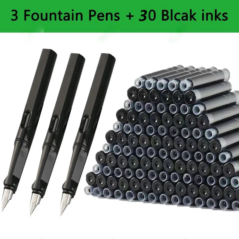 Juego de 33 plumas estilográficas Kawaii con tinta reemplazable, tinta negra, azul y roja EF de 0,38 mm, bolígrafos escolares, material de oficina, papelería para escribir.