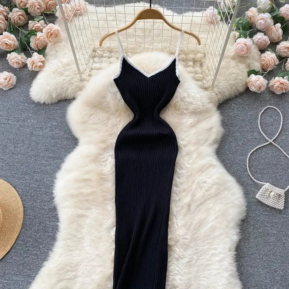 Summer V Neck Knit Sexy Strap Dress Women Elatic Waist Bodycon Sundress Female Beach Backless Maxi Long Dress - Lootquake