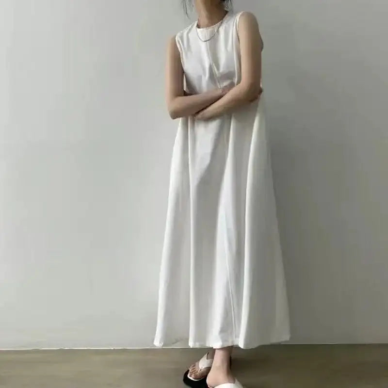 2022 Minimalist Chic Loose Swing Sleeveless Mid-length Casual Cotton Linen Long Dress Round Neck High Waist Women Runway Dress - Lootquake