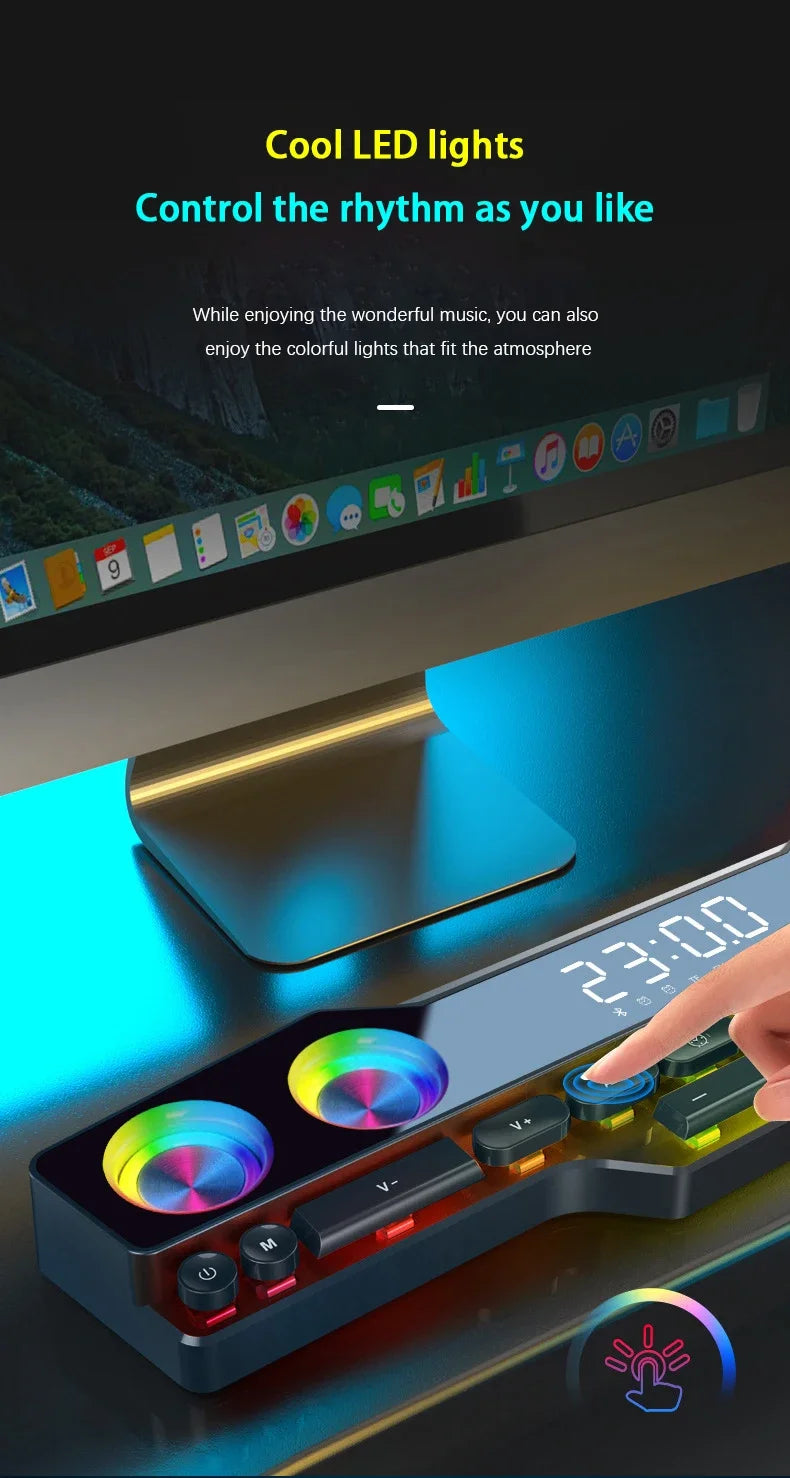 Barre de son sans fil Bluetooth pour jeux vidéo, USB, stéréo 3D, caisson de basses, FM, horloge, barre de son intérieure, haut-parleur pour ordinateur, offre spéciale