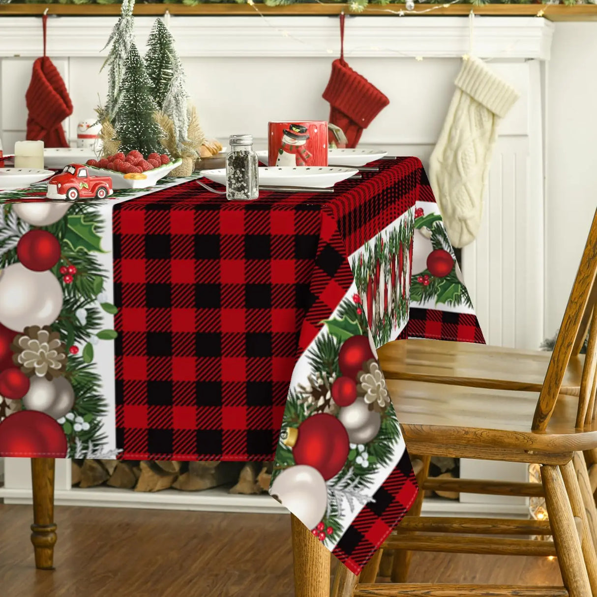 Adornos navideños de bolas con diseño de búfalo rojo, mantel rectangular a cuadros, decoración para comedor, mantel reutilizable, decoración para fiestas navideñas
