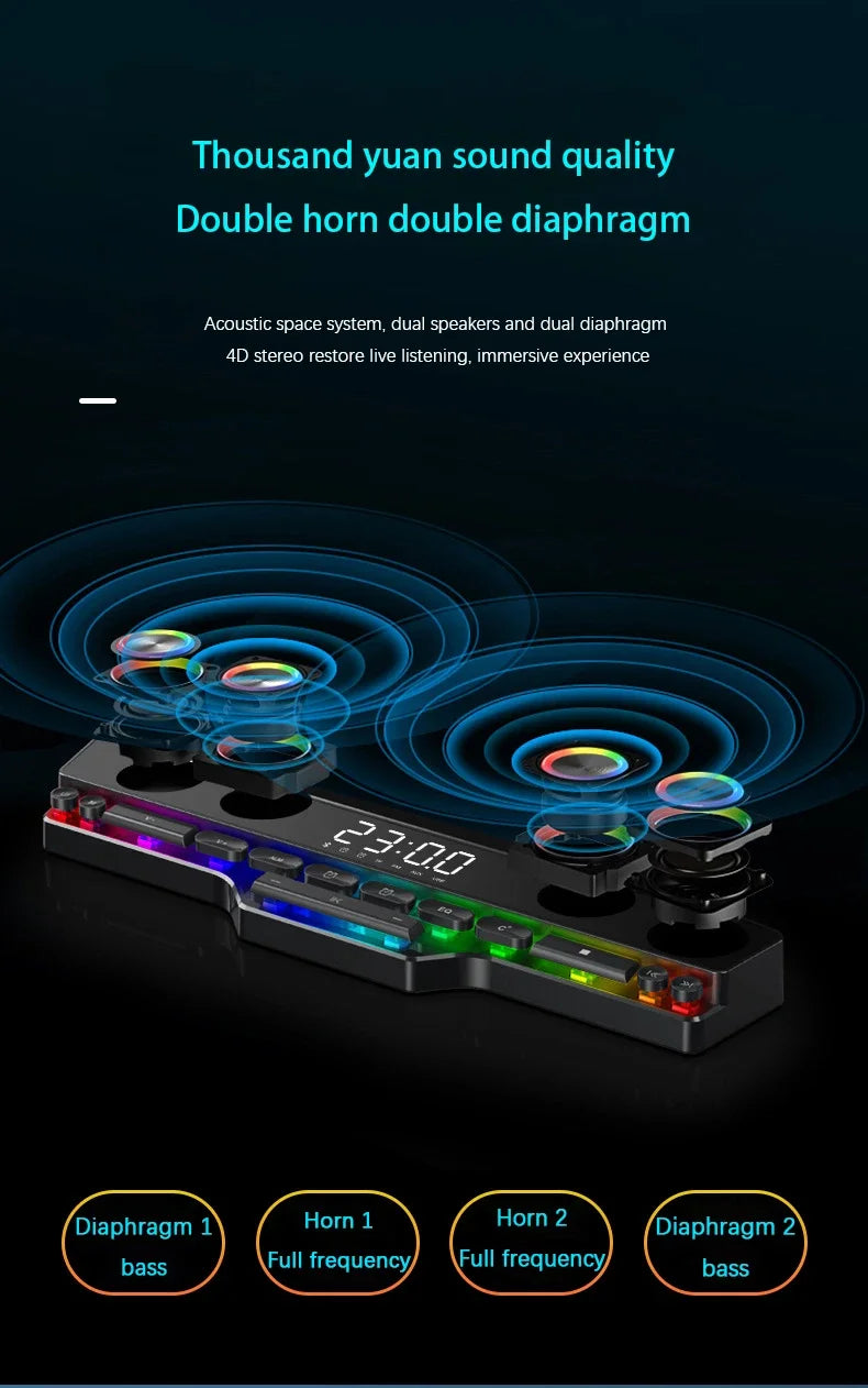 Barre de son sans fil Bluetooth pour jeux vidéo, USB, stéréo 3D, caisson de basses, FM, horloge, barre de son intérieure, haut-parleur pour ordinateur, offre spéciale