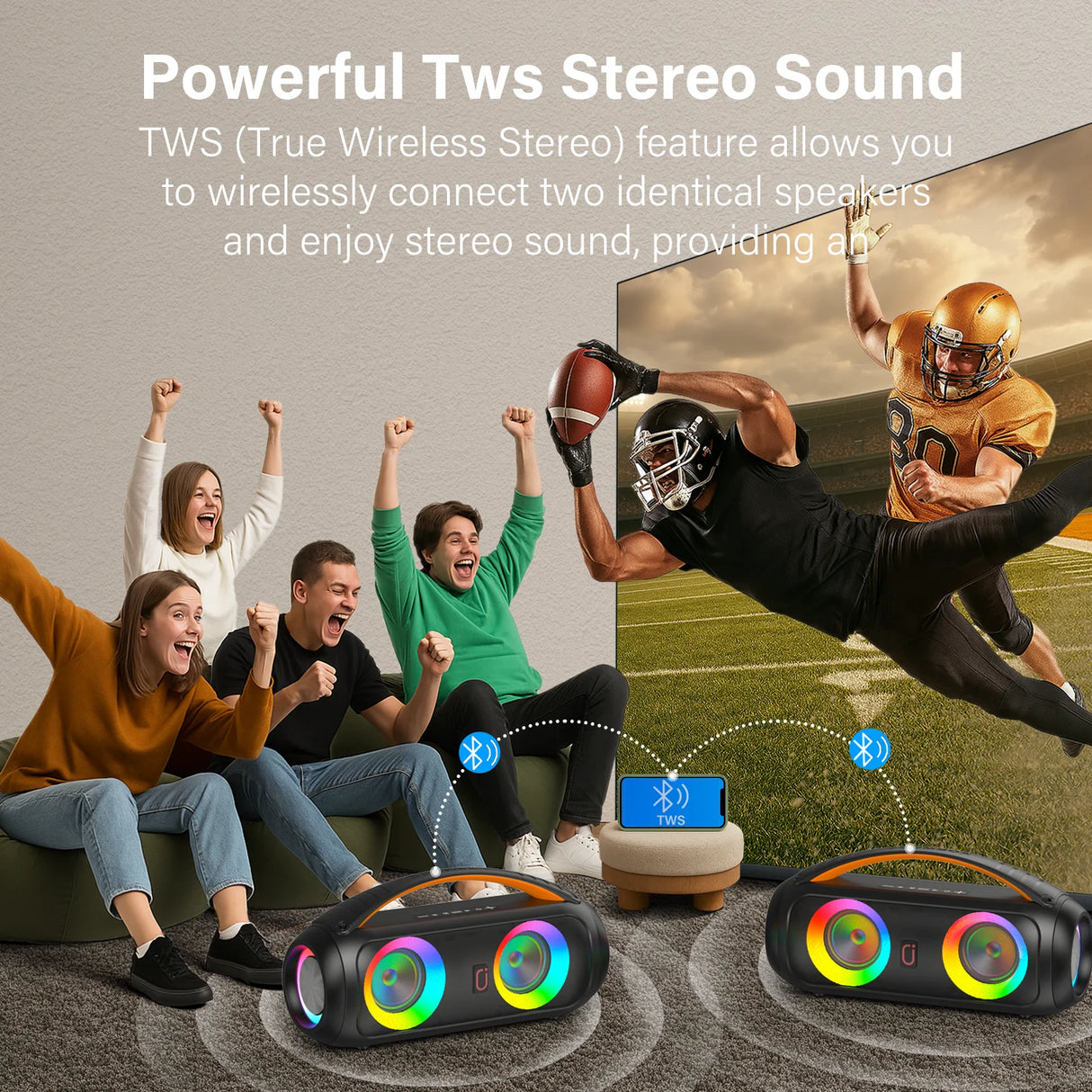 Altavoz inalámbrico portátil Bluetooth, altavoz boombox potente con subwoofer, sonido estéreo de graves profundos y potente, resistente al agua IP65.