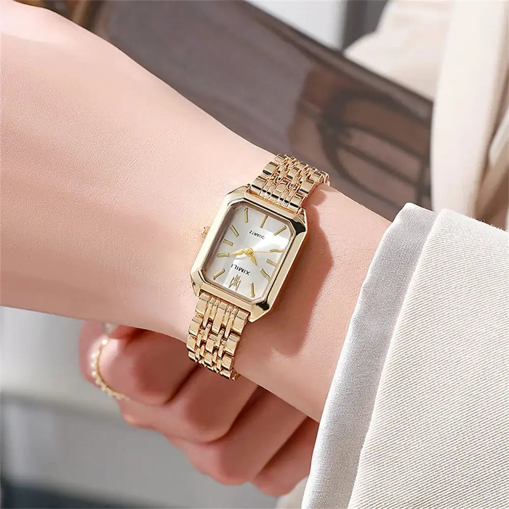 Luxury Ladies Fashion Quartz Watch Simple Scale Square Quality Gold Plated Women Watches Business Stainless Steel Folding Clock - Lootquake