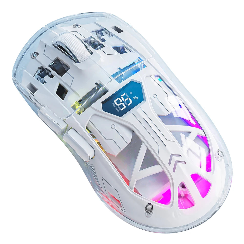 Souris de jeu sans fil transparente 2,4 GHz + BT5.0, affichage numérique, connexion multi-appareils, 5 niveaux de DPI pour ordinateur portable/téléphone/PC