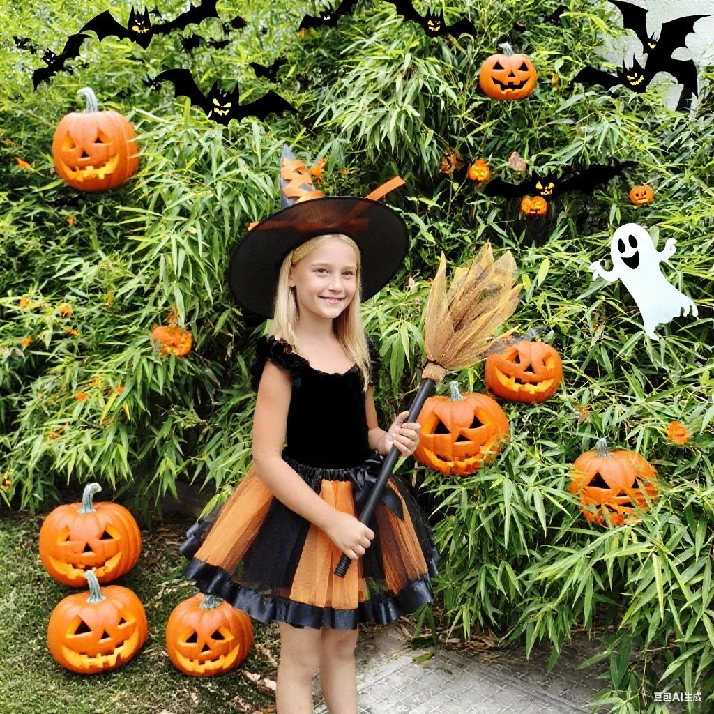 Girl's Halloween Witch Costume Set for Cosplay Parties Includes Breathable Soft Lining Skirt Broom Hat for Children