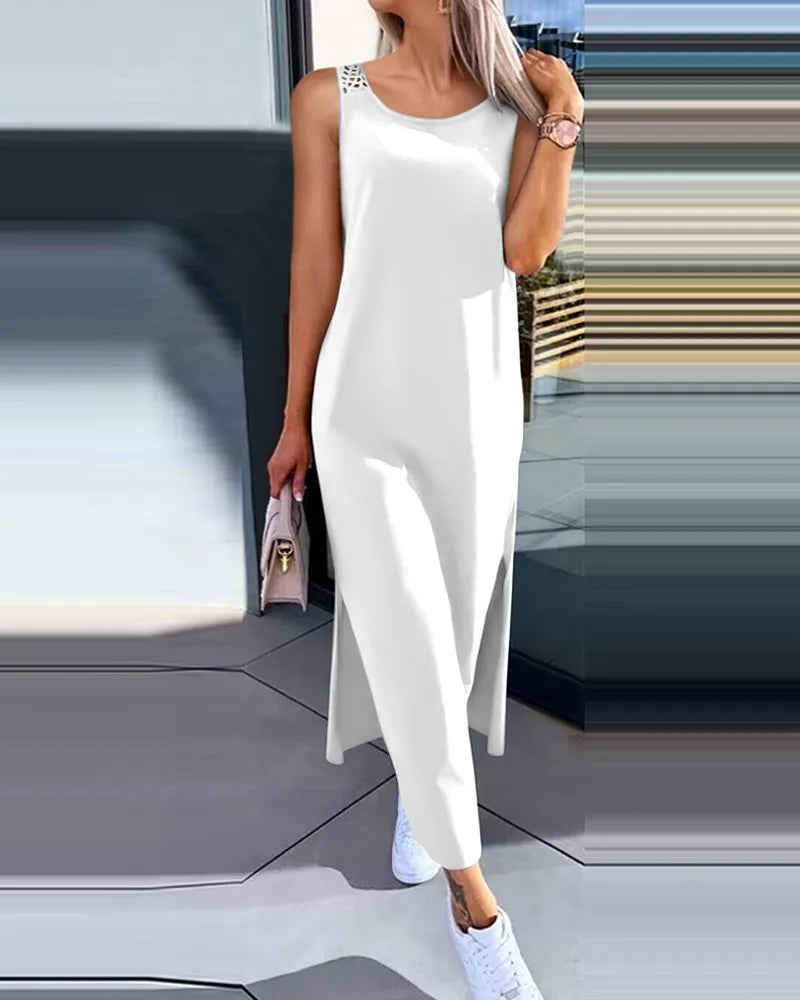 Hollow Out Solid Long Dress Women Fashion Sleeveless O-neck Maxi Dresses For Women 2024 Summer Women's Slim Split Vestidos Black - Lootquake