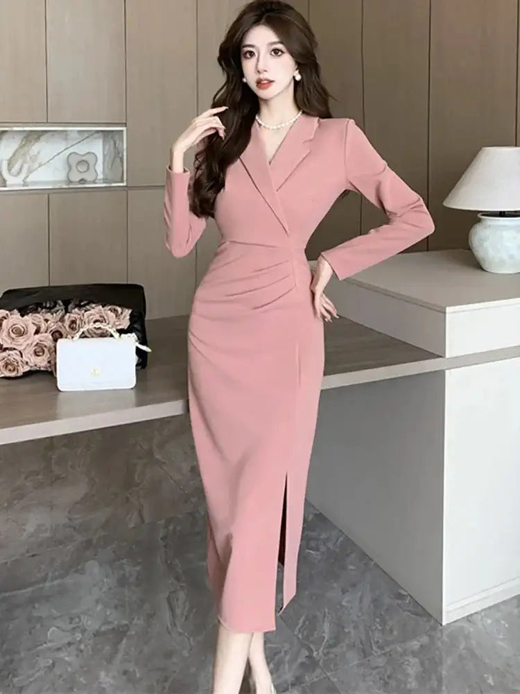Women Pink Pleated Bodycon Formal Long Dress Autumn Winter Long Sleeve Chic Suit Dress 2025 Korean Fashion Elegant Party Dresses - Lootquake