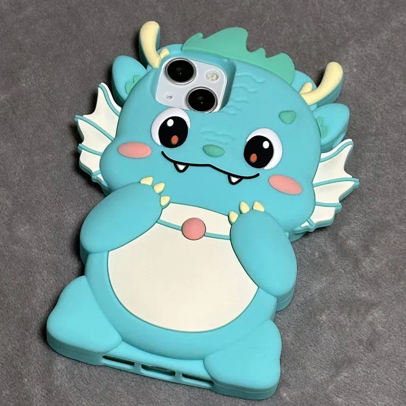 Funda para teléfono con diseño de dinosaurio grande de dibujos animados en 3D kawaii