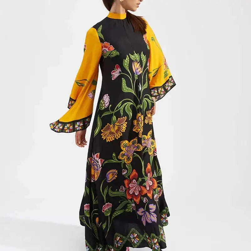 Ethnic Retro Spring Print Boho Long Dress Women Sexy Stand Collar Lace-up Party Dress Fall Long Sleeve Loose Ladies Maxi Dresses - Lootquake