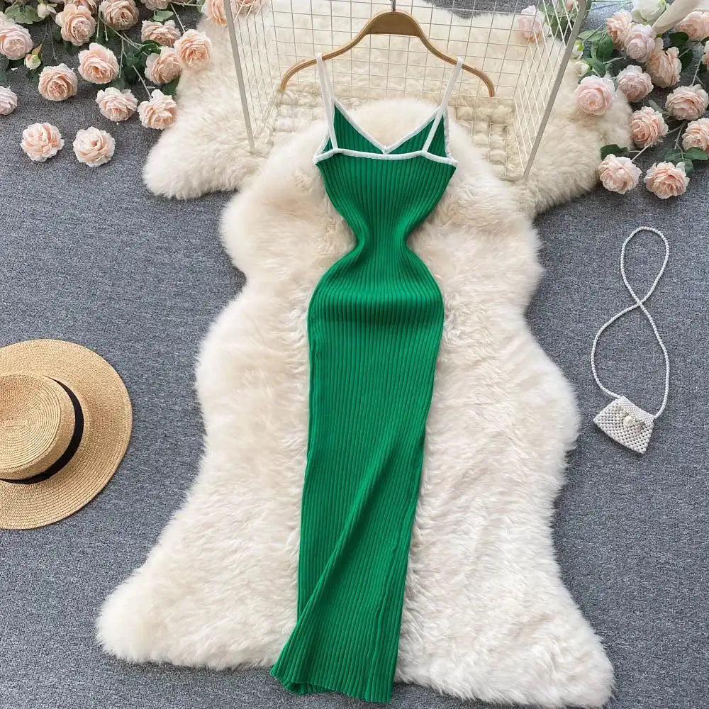 Summer V Neck Knit Sexy Strap Dress Women Elatic Waist Bodycon Sundress Female Beach Backless Maxi Long Dress