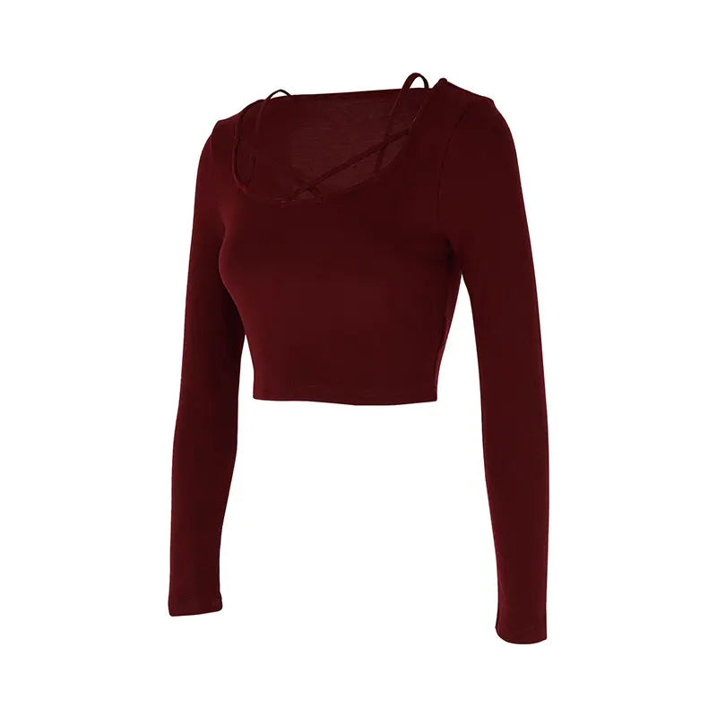 Women Sexy Wine Red T-shirt Sexy Hollow Out Low Chest Top New Streetwear Fashion Long Sleeves Casual Slim Lady Knitted Tees Top - Lootquake