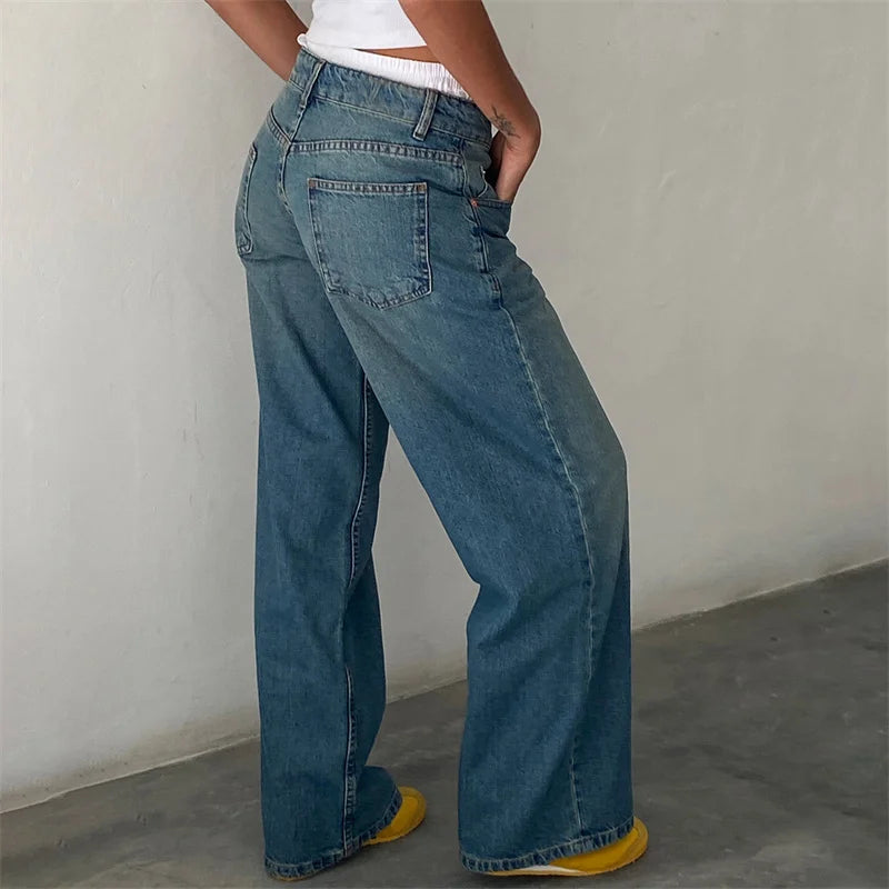 Lamuusaa Jeans y2k Clothes Women Solid Color Low Waist Waist Wide Leg Denim Pants Trousers with Multi Pockets 2000s Streetwear - Lootquake