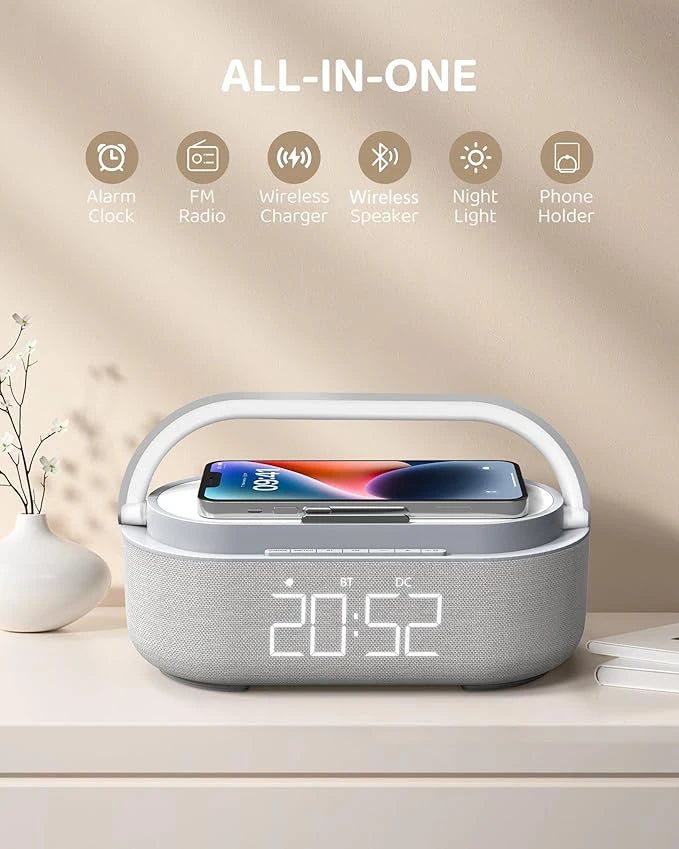 Enceinte Bluetooth 2500 mAh avec chargeur sans fil, radio FM et lumière réglable – Double enceinte portable pour chambre, bureau et cadeaux