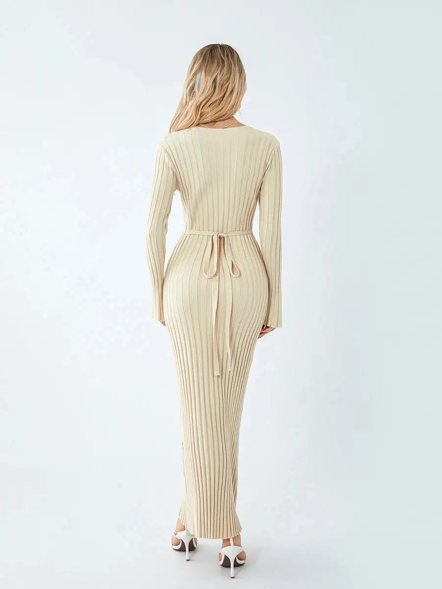 Women Spring Autumn Lace-up Knit Dress Elegant Long Sleeve Crew Neck Ribbed Solid Color Long Dress Streetwear - Lootquake