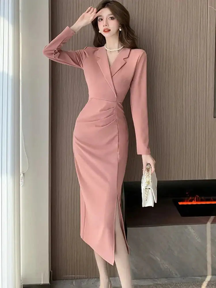 Women Pink Pleated Bodycon Formal Long Dress Autumn Winter Long Sleeve Chic Suit Dress 2025 Korean Fashion Elegant Party Dresses - Lootquake