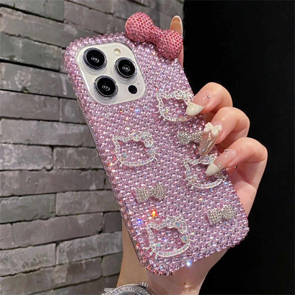 Funda para teléfono con lazo rosa y cara de Hello Kitty con purpurina de diamante