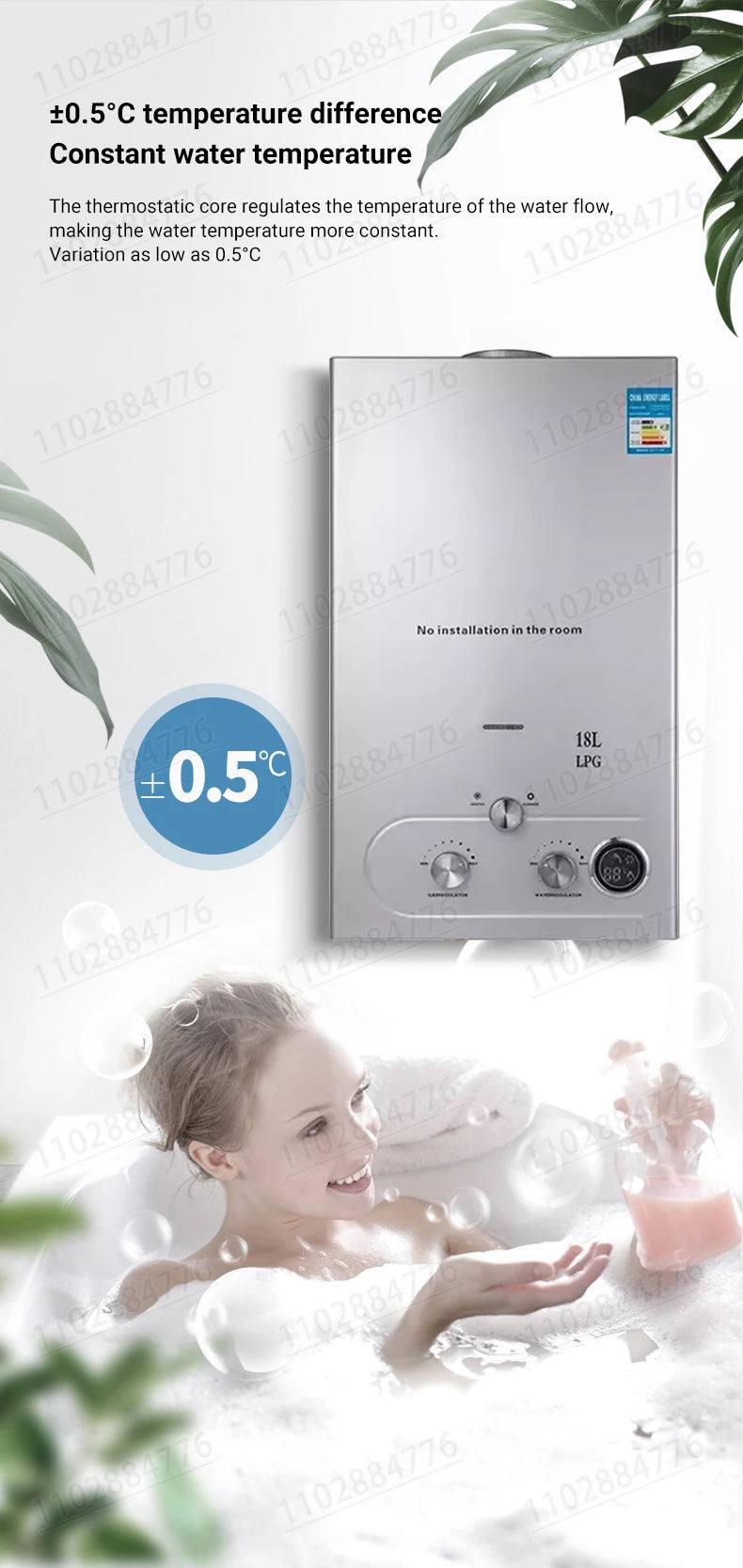 Chauffe-eau instantané portable DIVEDEER 8L/12L/16L/18L, chauffe-eau mural sans réservoir à gaz GPL, affichage numérique, chauffage rapide