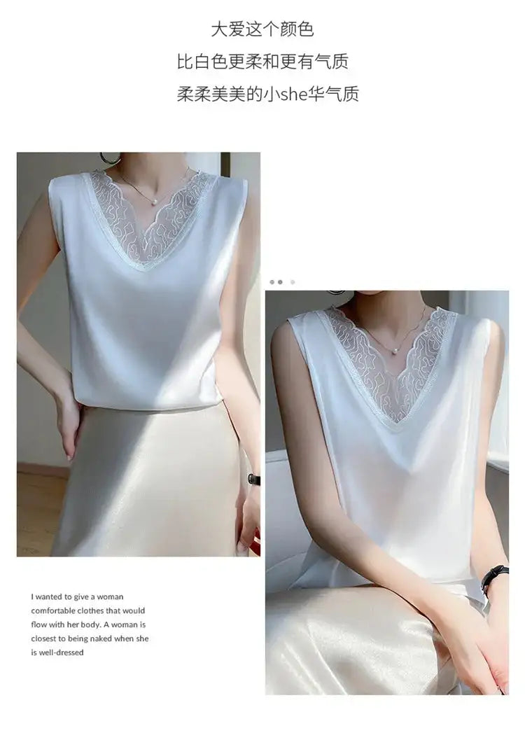new woman clothing vest camis Tank top women's suit bottom lace lining 2024 summer new silk satin sleeveless top suspender vests - Lootquake