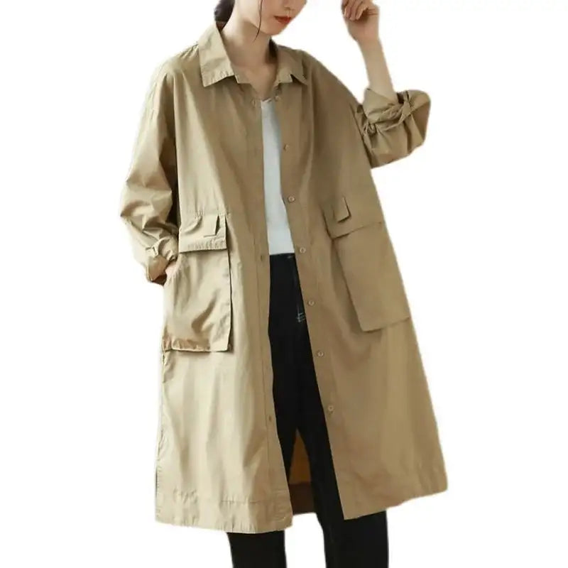 9290 Spring Fall Trench Coat Women Mid Length Windbreaker Single-breasted Double Pockets Casual Loose Overcoat Female Outerwear - Lootquake