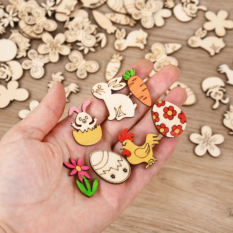 50pcs Easter Wooden Confetti Rabbit Carrot Eggs Kids Painting DIY Crafts Wood Slice 2025 Spring Easter Party Decoration For Home - Lootquake