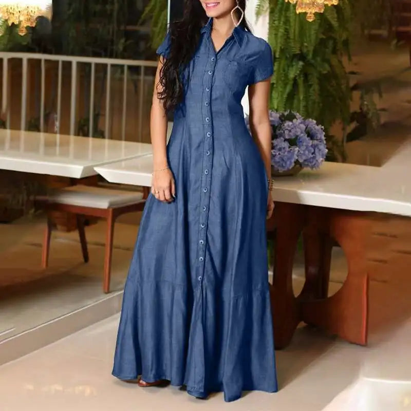2023 Fashion New Long Dress Shirt Neck Pocket Large Swing Dress Casual Elegant Temperament Single Breasted Denim Dress - Lootquake