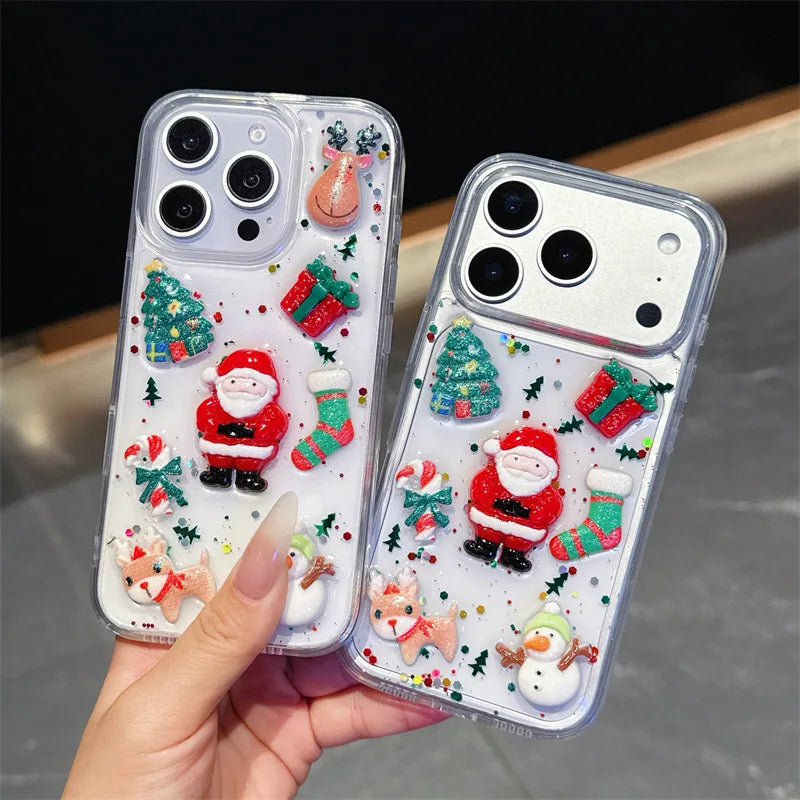 Funda para iPhone con purpurina y pegamento en forma de gota navideña con dibujos animados en 3D