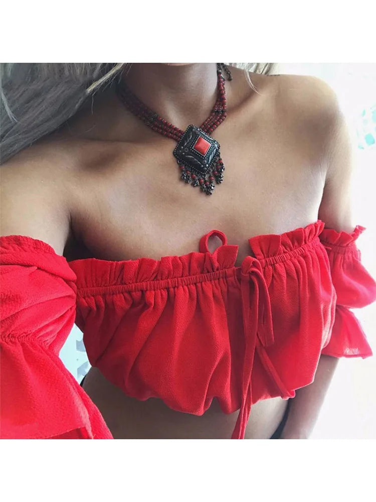 crop tops women 2019 summer lantern sleeve sexy strapless beach tops red black white ruched crop top tank top croptop - Lootquake