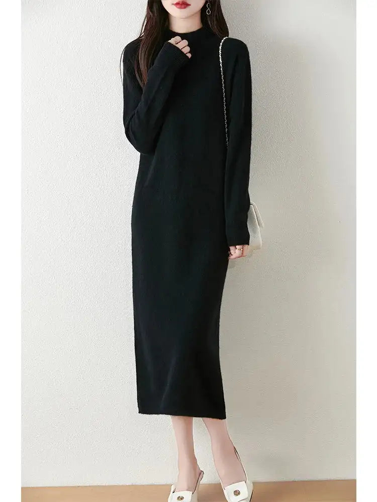 Autumn Winter Women's Wool Long Dress Cashmere Mock Neck Pullover Sweater 100% Merino Wool Soft Knitwear OL Simple Basic Dress - Lootquake