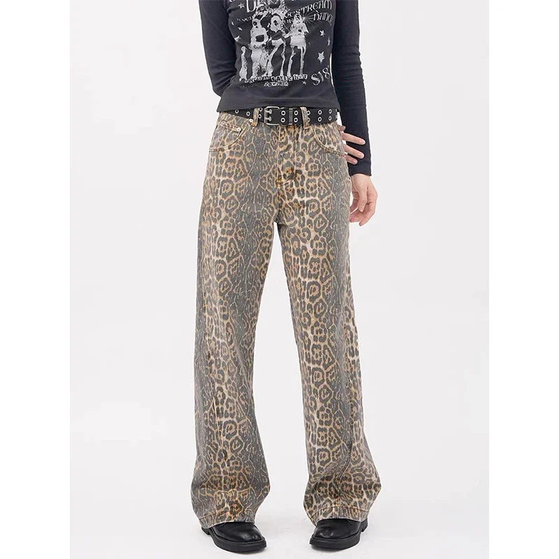 Y2k Vintage Leopard Print Loose Women Jeans Autumn New Classic Straight High Waist Slim Casual Fashion Female Jeans 2024 New - Lootquake