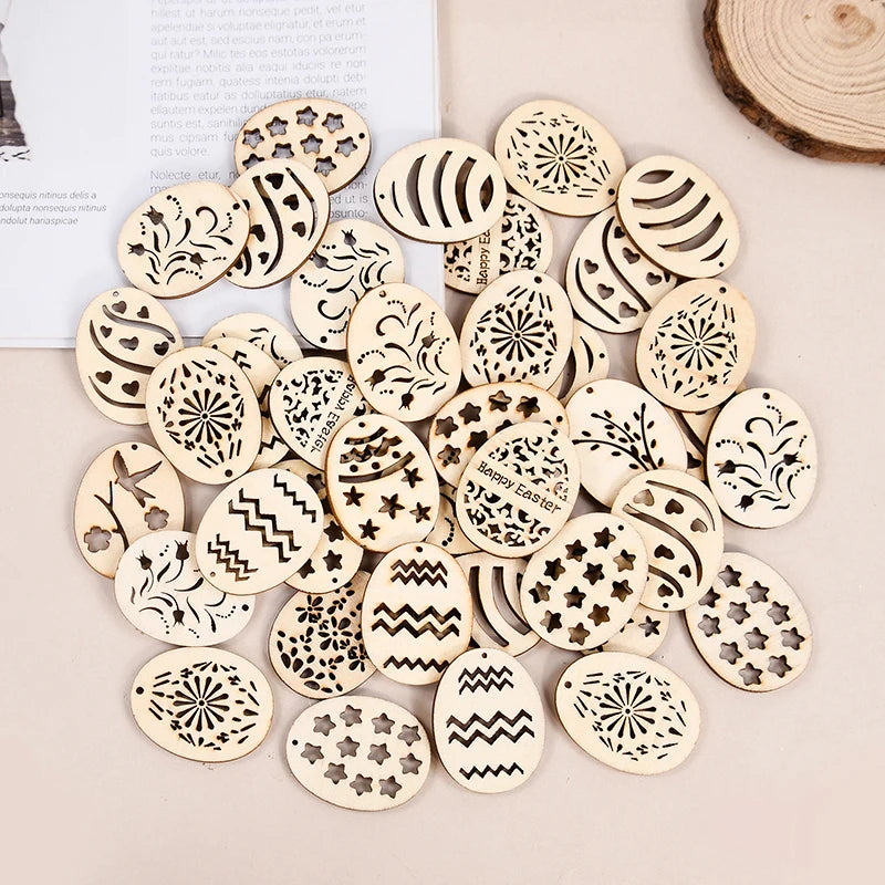 25/50Pcs Easter Eggs Wooden DIY Craft Hanging Ornaments Hollowed Wood Chips Happy Easter Party Decorations For Home Kids Gift - Lootquake
