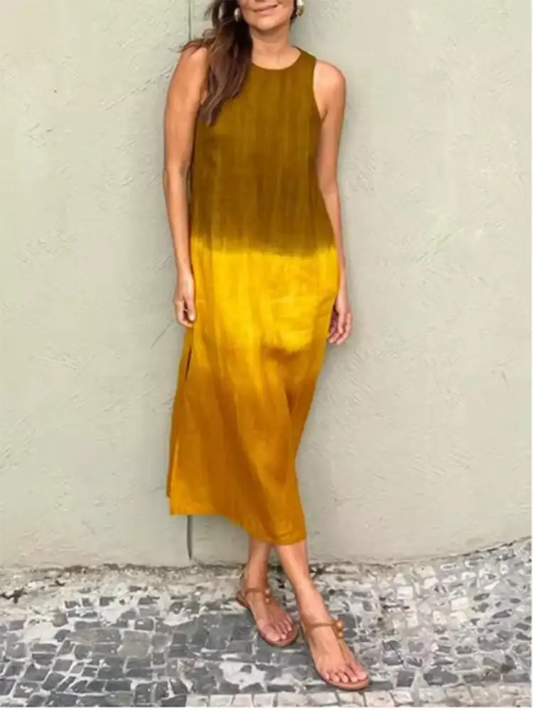 Fashion Vest Long Dress Women Summer Sleeveless o Neck Dress Summer Gradient Casual Dresses - Lootquake
