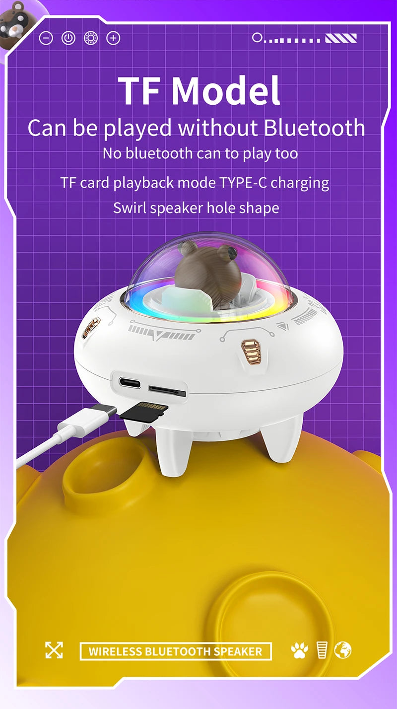 Mini haut-parleur portable Bluetooth avec éclairage LED RGB, design OVNI, vaisseau spatial, haut-parleur sans fil, idéal comme cadeau, compatible TF