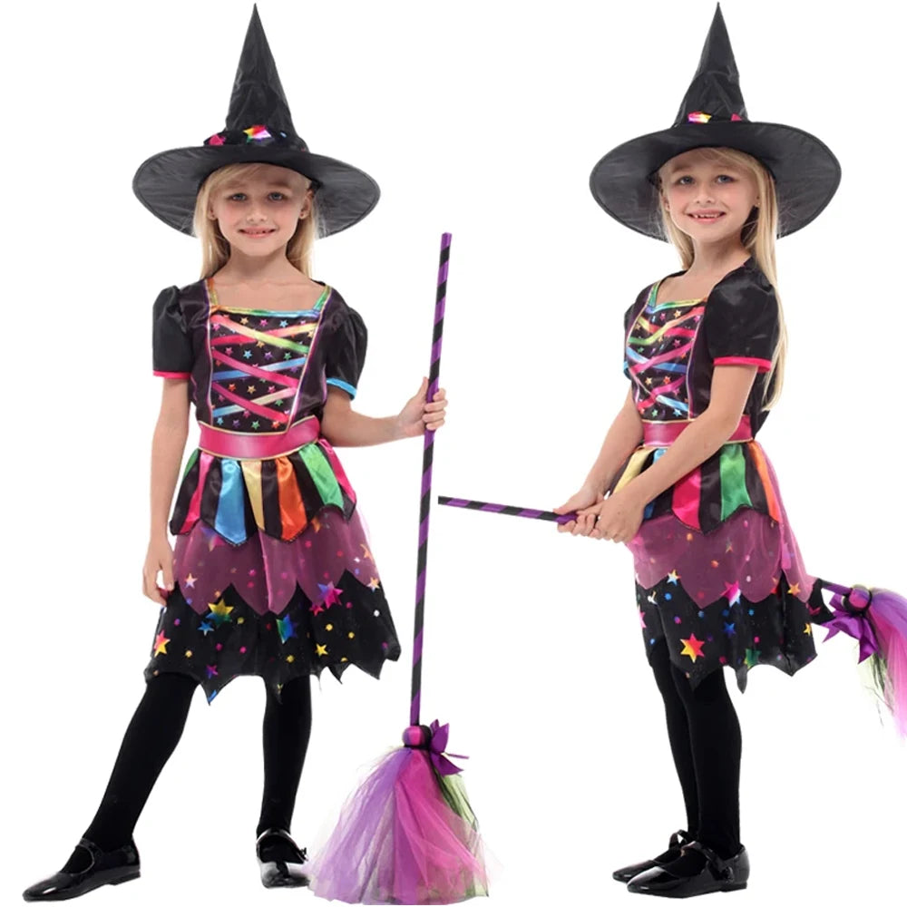 Halloween Children's Witch Dress - Comes with Hat, Halloween Role Playing Costume,Colorful Star Pattern Printed Carnival Costume