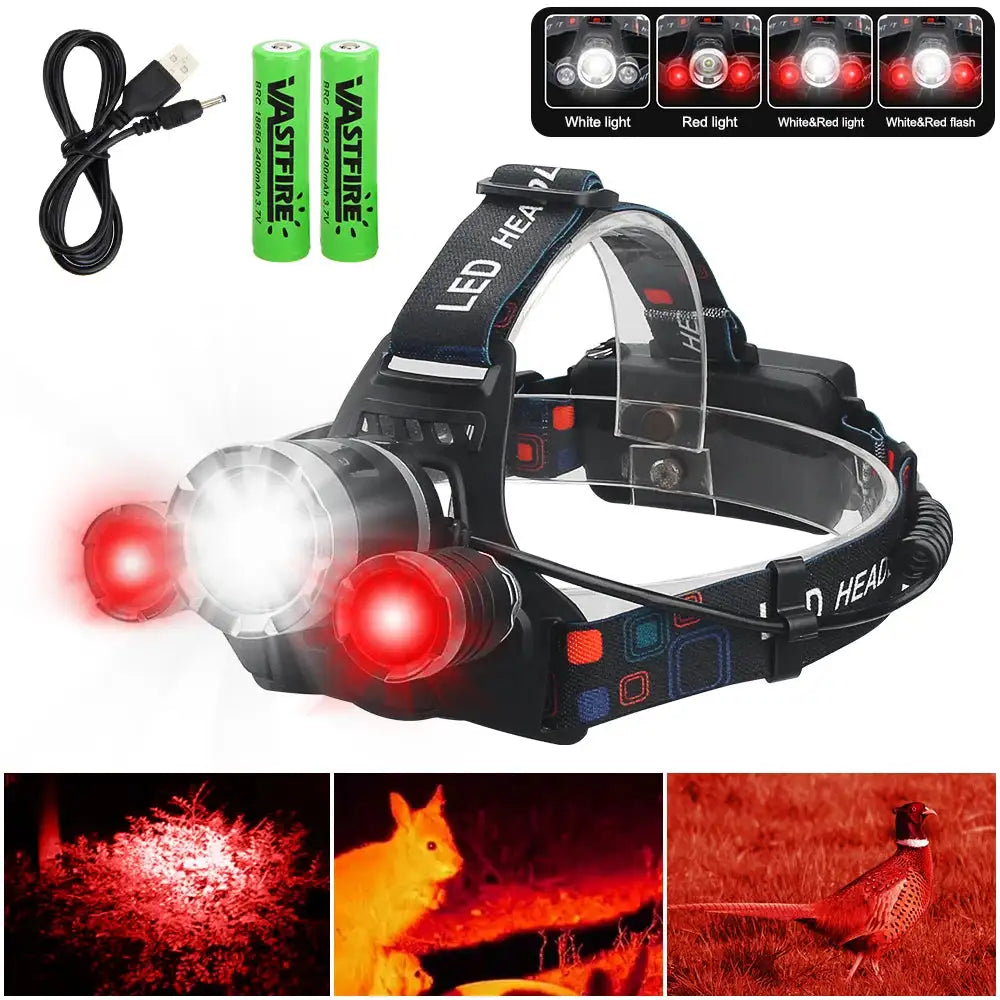 Headlamp Green/Red/UV395nm+White Dual Light Rechargeable Fixed Focus Waterproof 4Modes Headlight Hunting Camping Hiking Working - Lootquake