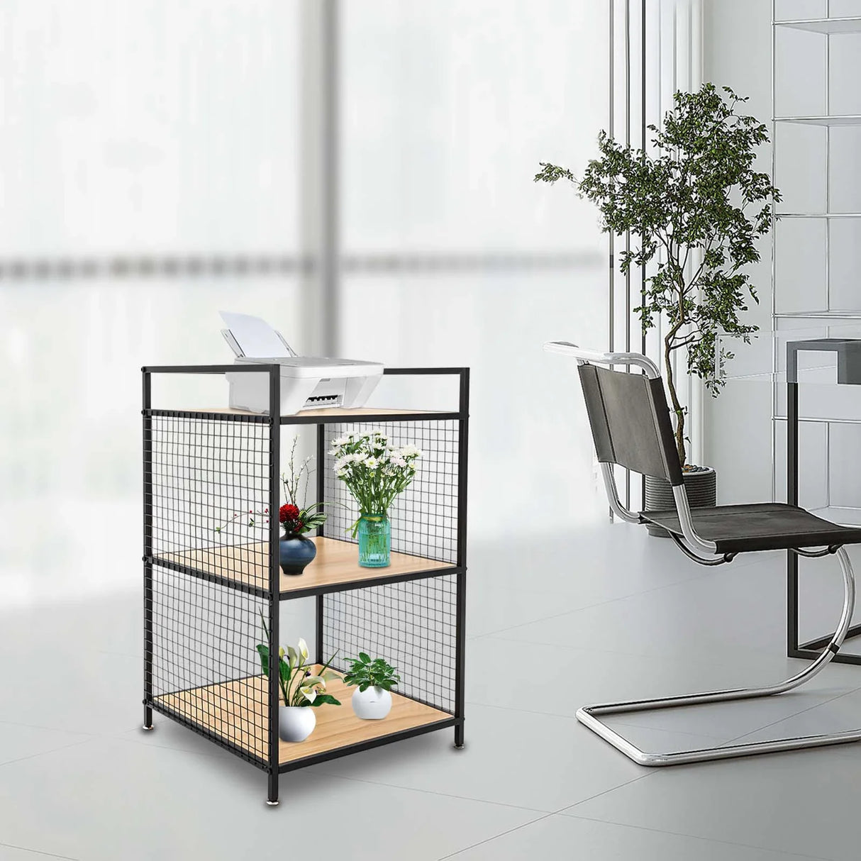 Support d'imprimante à 3 niveaux en bois massif et fer, capacité de 20 kg, design compact, idéal pour le rangement au bureau et à la maison, durable et élégant