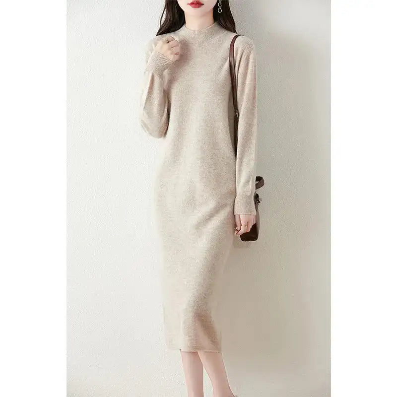 Autumn Winter Women's Wool Long Dress Cashmere Mock Neck Pullover Sweater 100% Merino Wool Soft Knitwear OL Simple Basic Dress - Lootquake