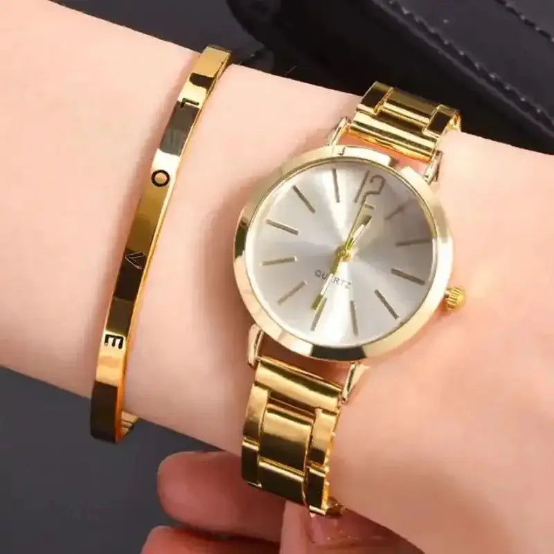 2pcs Set Watch Luxury Women Simple Dial Hollow Strap Fashion Gold Bracelet Quartz Wristwatch Student Ladies Watches Reloj Mujer - Lootquake