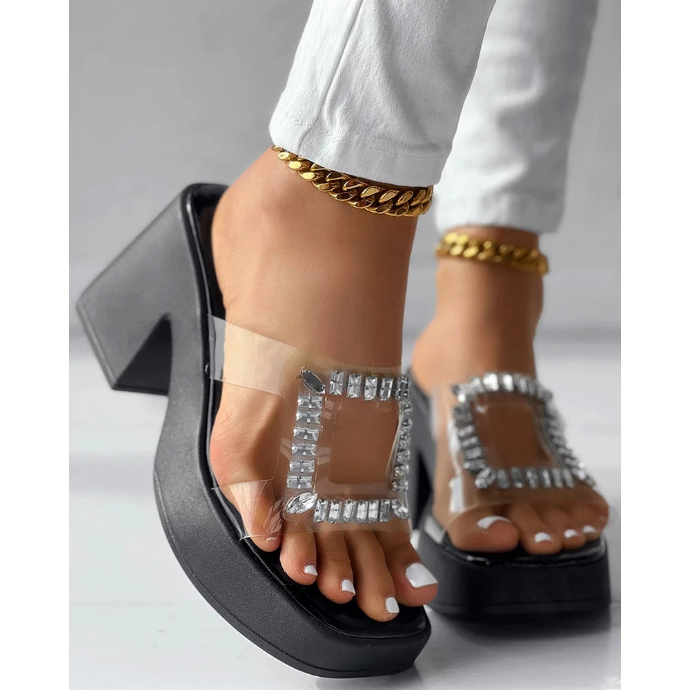 Sandals Women Clear Strap Chunky Heeled Sandals Women Platform Wedges High Heels Shoes Flip Flops Beach Slippers Dress Crystal - Lootquake