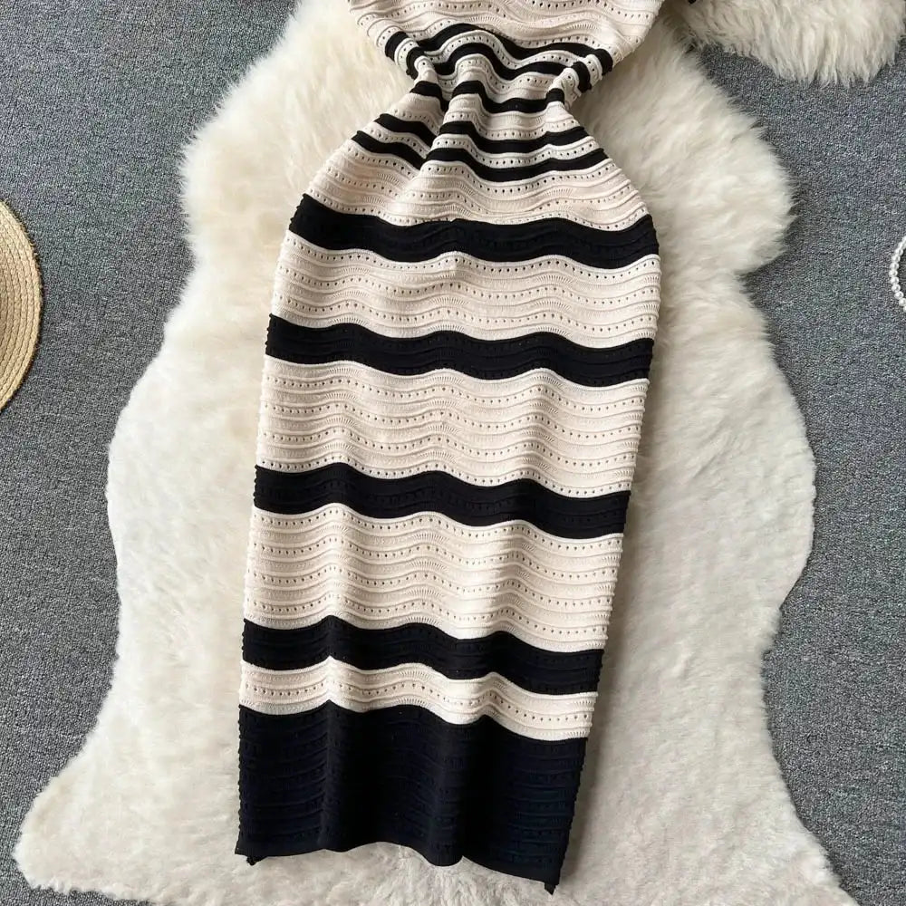 Short Sleeves Striped Long Dress Lapel Neck Hollow Out Slim Bodycon Sundress Fashion Hotsweet Knitted Beach Midi Dress - Lootquake