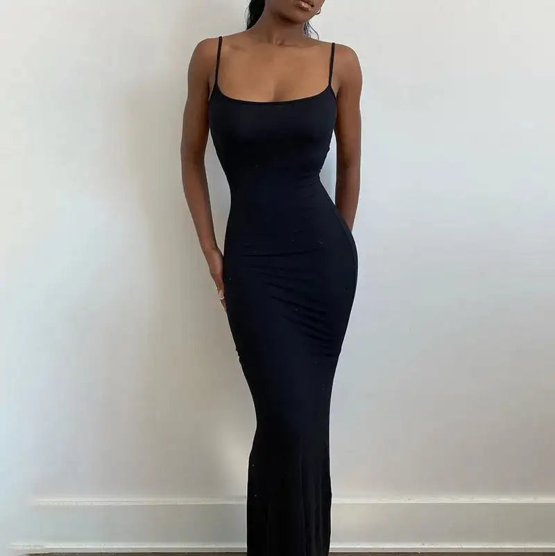 Dresses For Women 2023 Sexy Spaghetti Strap Black Long Dress Evening Y2k Sleeveless Solid Skinny Bodycon Maxi Vestidos - Lootquake