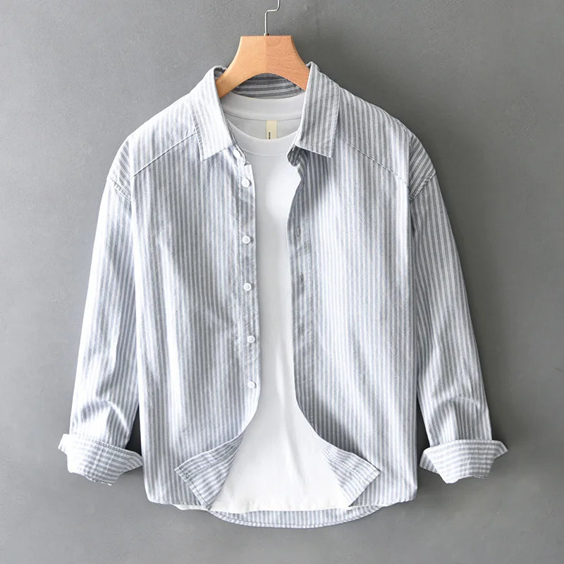 Korean Style Long Sleeve Striped Shirts for Man Spring Summer New Male Tops Lapel Pure Cotton Casual Shirts Elegant Mens Shirts - Lootquake