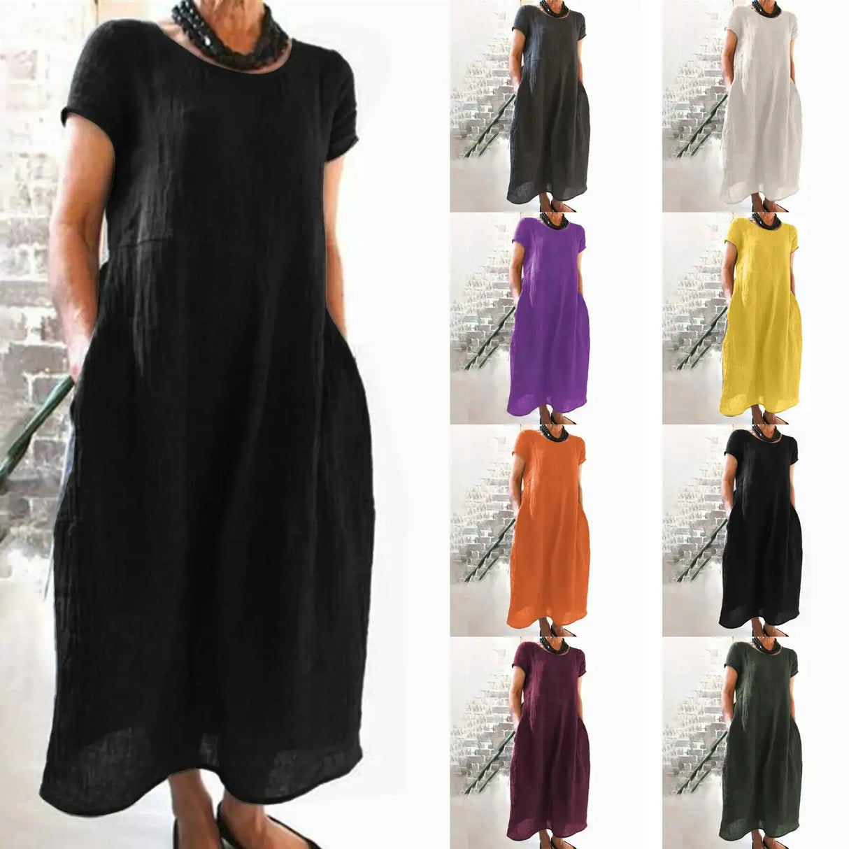Spring Summer Woman Long Dress Office Lady Fshion Casual Loose Solid O-neck Short Sleeve Dresses For Women 2024 Female Robe - Lootquake