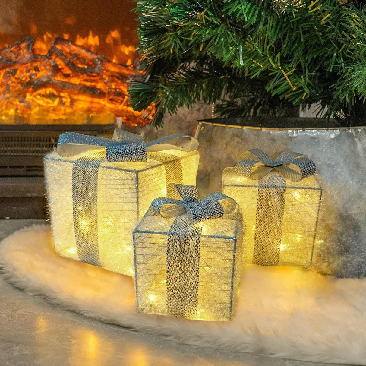 Juego de 3 cajas de regalo navideñas iluminadas con LED