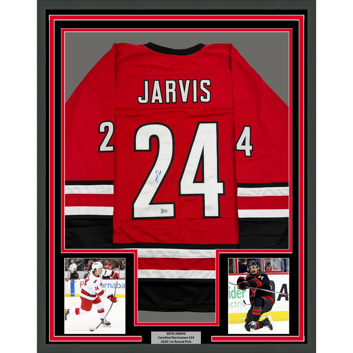 Framed Autographed/Signed Seth Jarvis 35x39 Carolina Red Hockey Jersey Beckett BAS COA