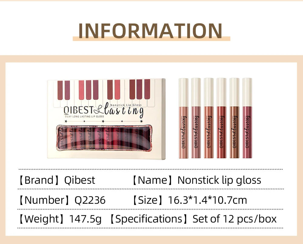 Coffret de gloss mat de luxe, 12 teintes waterproof, non collant, longue tenue, pour un maquillage de fête quotidien